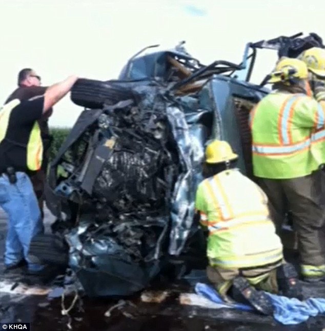 Mangled Wreck: Emergency workers were struggling to save Katie Lentz when she was hit head-on by a drunk driver on Highway 19 near to Center, Missouri