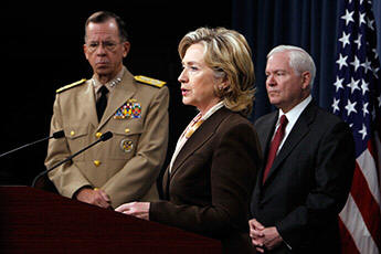 Secretary of State Hillary Rodham Clinton speaks to reporters about  the Nuclear Posture Review as Chairman of the Joint Chiefs of Staff  Adm....